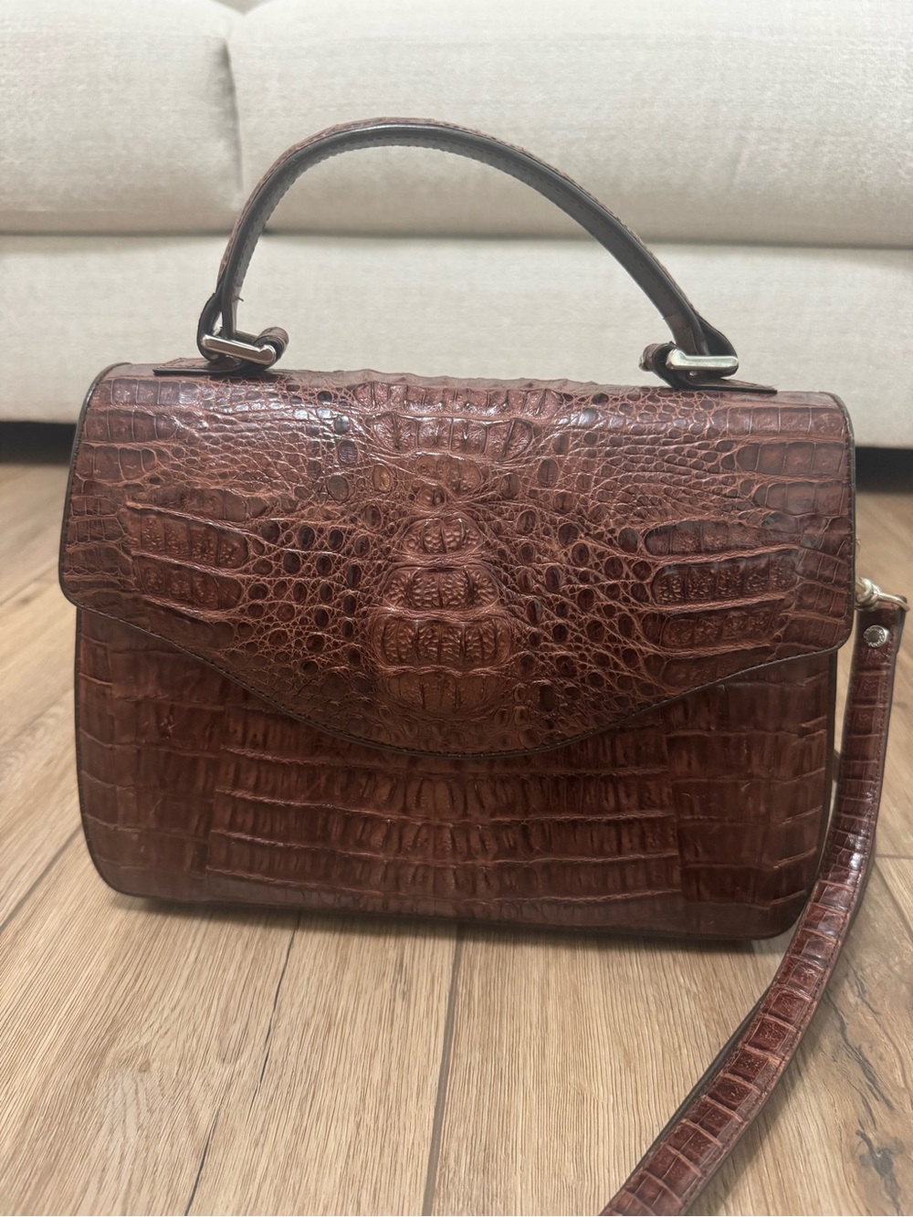 Classic Croc-Embossed Brown Top-Handle Satchel